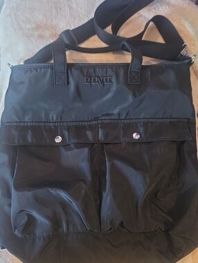 PINK Victoria's Secret Black Nylon Messenger Bag with Front Flap Pockets